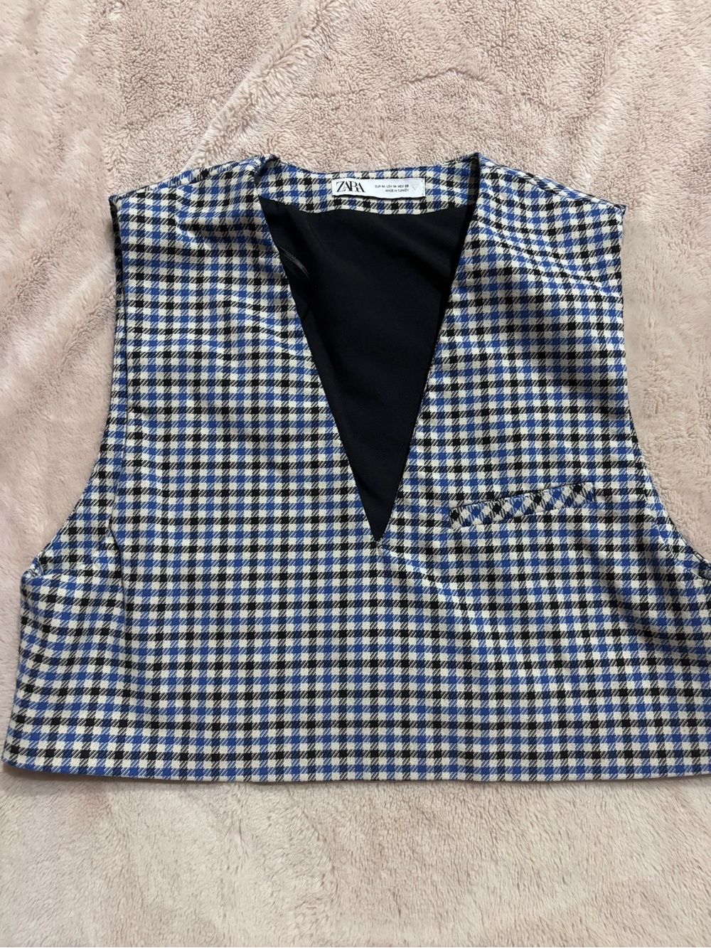 ZARA Black, Blue and White Checked V-Neck Cropped Vest